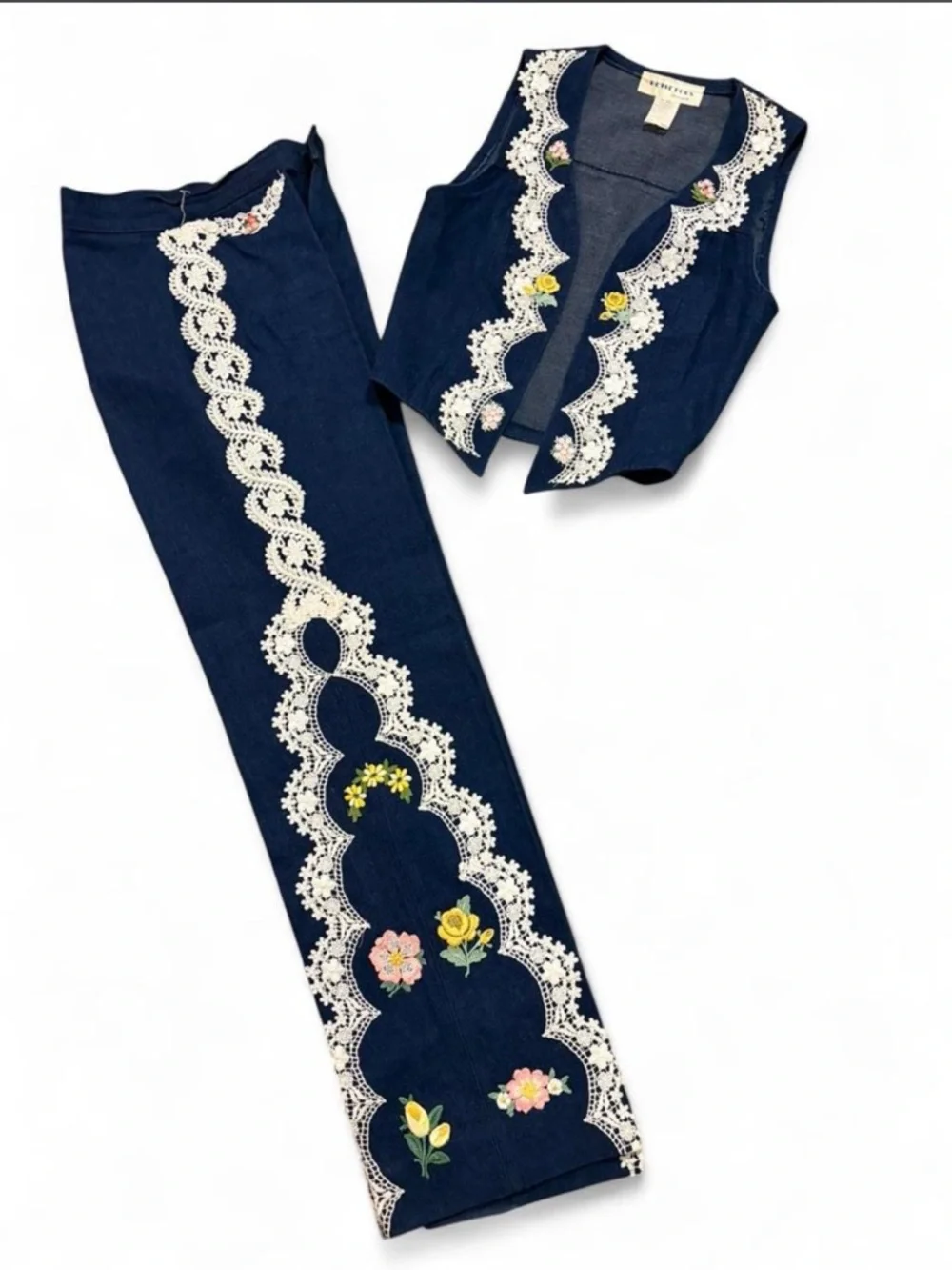 Two-Piece Navy Embroidered Lace Trim Pant Set - Picture 2 of 4